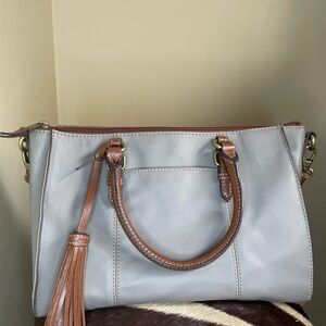 Stylish Gray and Tan Shoulder Bag with Leather Tassel